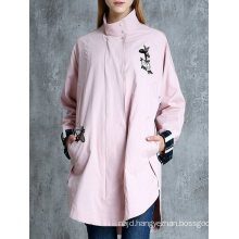 Round Collar Ladies Jacket with Embroidering Long Waist Jacket